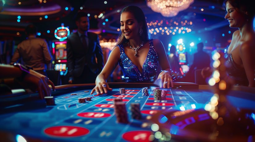 ဂိမ်းလော်ဘီတွင် Slots ဂိမ်း screen များ အလင်းတောက်ပနေသောမြင်ကွင်း